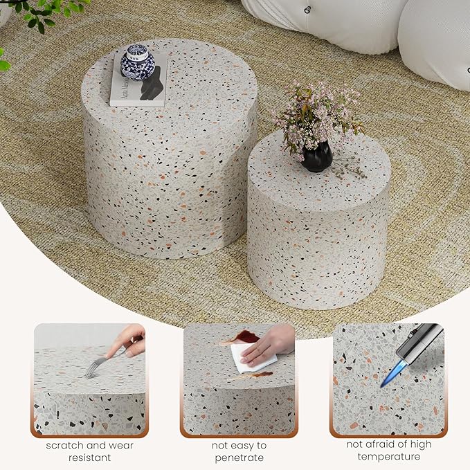 Nesting Coffee Table Set of 2, Modern Round Coffee Table with Non-Slip Feet, Wooden Circle Accent Tables for Small Spaces Living Room Bedroom Balcony Office Drum Side Table (C Terrazzo)