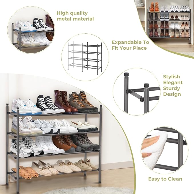 Shoe Rack, Expandable Shoe Storage Organizer for Closet, 4 Tier Metal Shoe Rack for Entryway, Adjustable Small Shoe Shelf for Front Door Entrance, Small Space, Garage-NeatNest