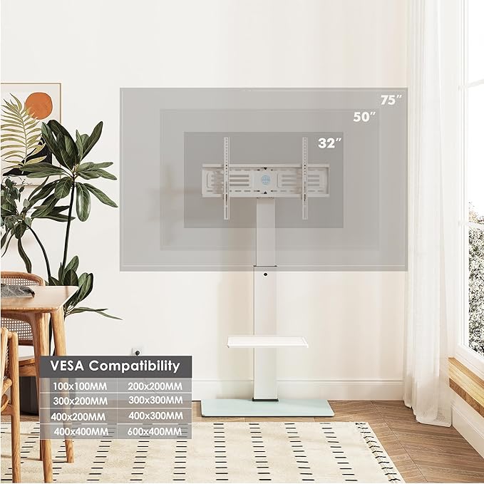 FITUEYES Floor TV Stand for 32-75 inch TV with Power Outlet, Tall TV Stand for Bedroom Living Room with Tempered Glass Base, Floor TV Mount Holds Up to 88lbs MAX VESA 600x400mm,White-NeatNest