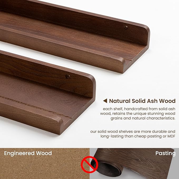 Floating Shelves for Wall | Picture Ledge Shelf Set of 2 | Solid Ash Wood Floating Shelves with Lip | 55 Inch Dark Wood Picture Shelf for Wall with Ledge | Photo Ledge Shelves-NeatNest
