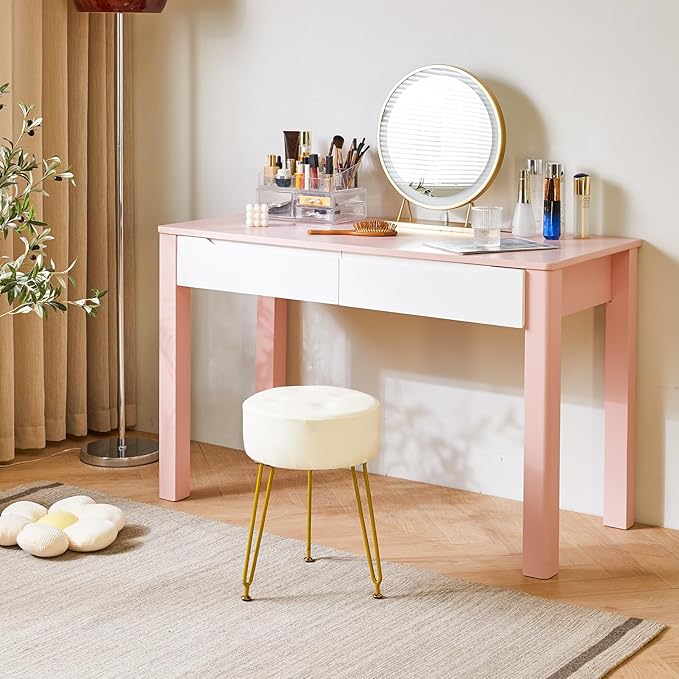 IBUYKE Faux Leather Round Footrest Stool, Makeup Vanity Stool Side Table, PU Dressing Table Seat, Pouf Couch Stool, Golden Steel Legs, White LG-31W