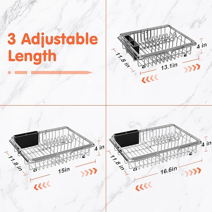 romision Dish Drying Rack in Sink, Expandable (13.1"-16.6" D) Stainless Steel Dish Drainers for Kitchen Sink, Retractable Over Sink Dish Rack Drying Rack with Utensil Holder, Silver