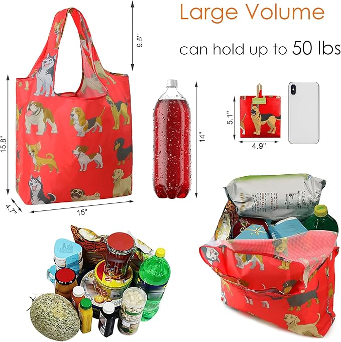 BeeGreen Cute Dog Cloth Gift Bags - Reusable Grocery Bag with Handles Foldable Washable 6 Pack - Extra Large Heavy Duty Tote Bag for Groceries (Bulk Holiday Packable Travel) - Shopping Bags for Women-NeatNest