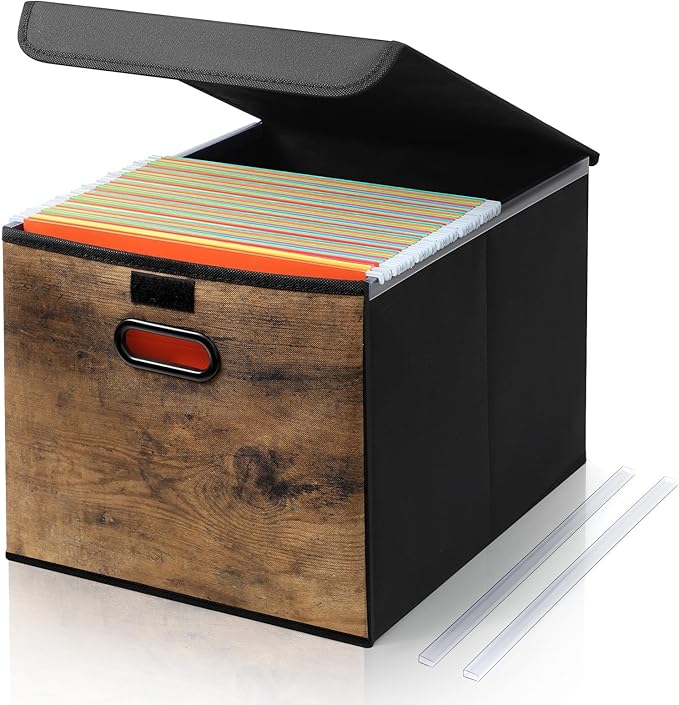 File Organizer Box with Wood Grain Pattern, Hanging Collapsible File Storage Bins with Lid Plastic Slides, Teacher Essentials for Back to School Classroom School Keepsake Organizer, Rustic Brown