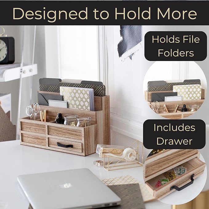 BLU MONACO Natural Wood Mail Organizer with Drawer & Pen Holder – Desk Organizer for Bills, Storage, Countertop & Kitchen-NeatNest