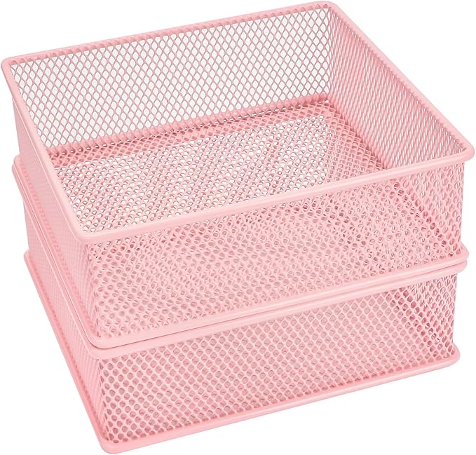 Annova Mesh Stackable Drawer Cabinet and Shelf Organizer Bins Storage Basket School Office Supply Holder Tray- Set of 2 (Light Pink, 6x6x2 Inch)-NeatNest