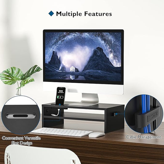 BONTEC Wooden Monitor Stand Riser, 2-Tier Desk Shelf with Storage Organizer, Ergonomic Computer Stand with Cable Management, Cellphone Holder, Black, 16.5 Inch-NeatNest