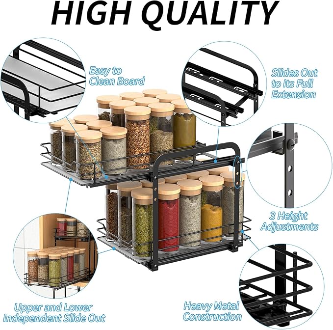 2-Tier Spice Rack, Pull Out Spice Racks Organizer for Cabinet, Height Adjustable Heavy Duty Metal Basket for Inside Cabinets & Pantry Closet (7.5''Wx10.5''Dx9.5''H)-NeatNest