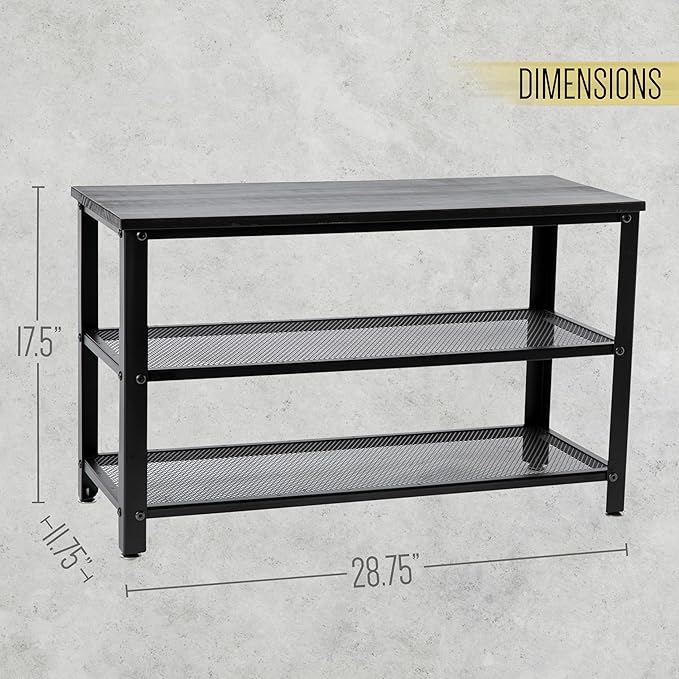 HBCY Creations Blackwash Solid Pine Wood 3-Tier Entryway Shoe Rack Bench with Metal Mesh Shelves, for Entryway, Mudroom, or Bedroom, and More!-NeatNest
