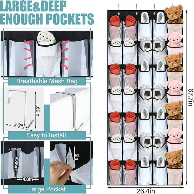 Windyun 2 Pcs 70 Large over The Door Shoe Organizer Hanging Shoe Rack for Closet Holder Black Mesh Pockets Back to School Behind Door Hanger Storage Nonslip for Home Room School Dorm, Each 35 Pockets-NeatNest