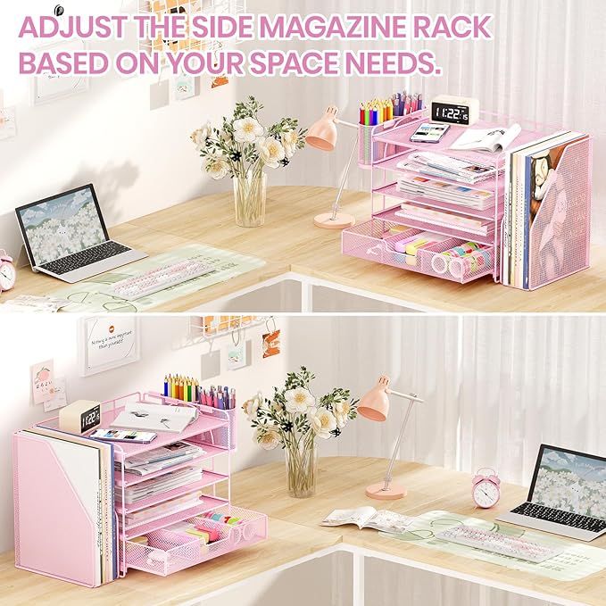 Desk Organizers and Accessories, 5-Tier Paper File Organizer with Drawer & Pen Holder, Office Desk Accessories Workspace Desktop Organizer for Office Supplies((Pink)-NeatNest