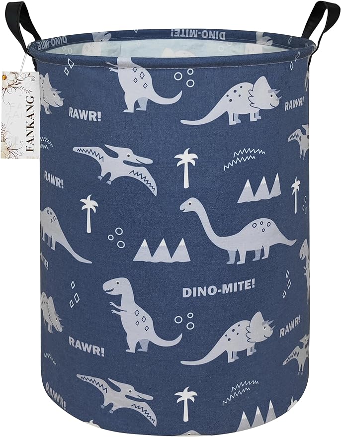 FANKANG Storage Basket, Nursery Hamper Canvas Laundry Basket Foldable with Waterproof PE Coating Large Storage Baskets for Kids Boys and Girls, Office, Bedroom, Clothes,Toys(Blue dinosaur)