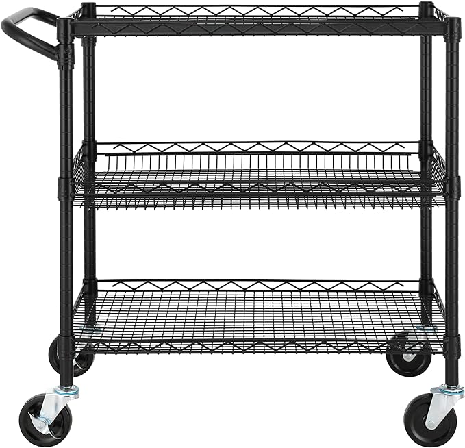 Finnhomy 3 Tier Heavy Duty Commercial Grade Utility Cart, Wire Rolling Metal Trolley with Handle Bar, Steel Kitchen Service Cart with Wheels, Food Storage Trolley on Wheels, NSF Listed, Black