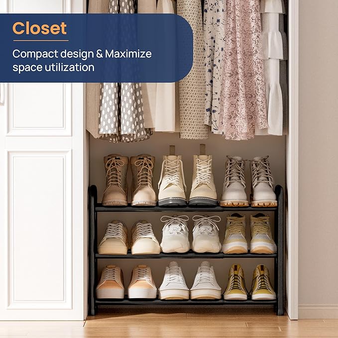 ENJOYBASICS Expandable Shoe Rack, 3 Tier Adjustable Shoe Organizer Shelf for Closet, Black Metal Free Standing Shoe Rack Storage for Small Space, Entryway-NeatNest