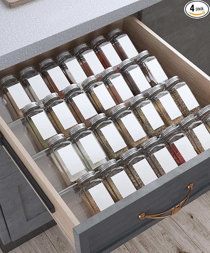 Antimbee Spice Drawer Organizer, 4 Tier- 4 Pack Acrylic Spice Rack Tray for Drawer, Expandable From 13" to 26" Kitchen Spice Rack Tray for Countertop Holds up 28 Spice Jars (Jars not Include)-NeatNest