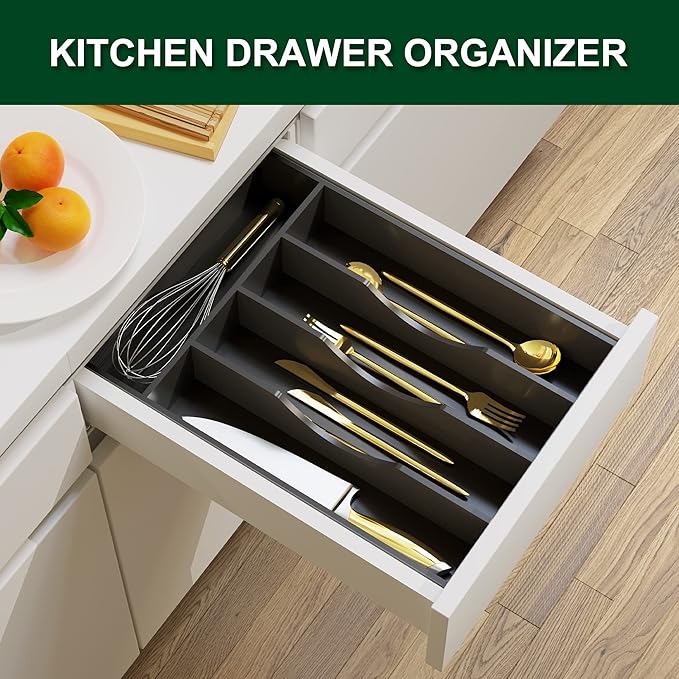 Bellsal Black Utensil Organizer 10 Inch Silverware Tray for Utensil Holder Cutlery Organizer Kitchen Drawer Organizer 5 Compartment Small Narrow Bamboo-NeatNest