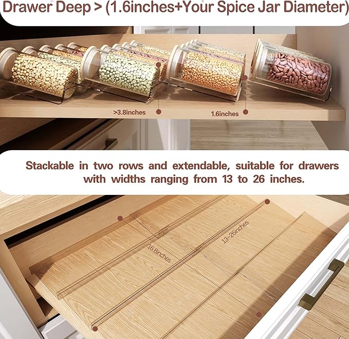 Drawer Organizer Set,4 Tier- 8 Pack Acrylic Seasoning Organizer, Spice rack Organizer for Cabinet , Makeup Organizer,Expandable From 13'' to 26'' Trays with Angled Dividers for Vanity Drawer,Bathroom