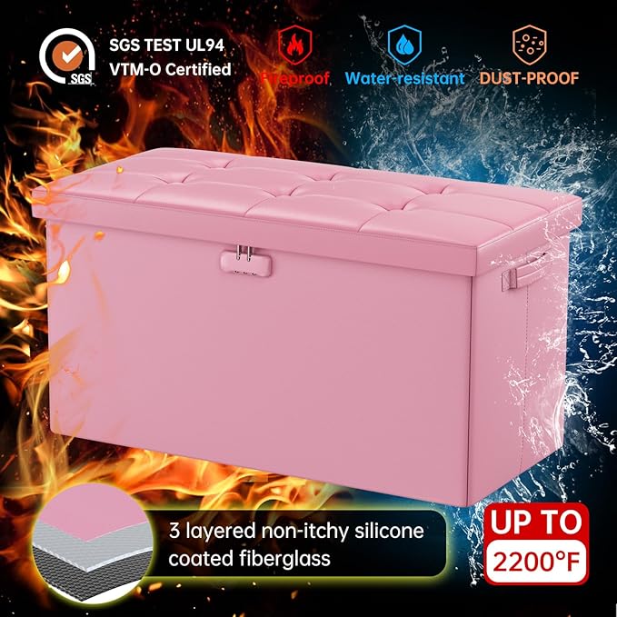 DocSafe Storage Ottoman Bench with Lock,Fireproof 30 Inches Folding Bench Foot Rest Stool Storage Chest Safe for Living Room,Bedroom,Home Office,Waterproof Leather Ottoman with Handles,Pink-NeatNest