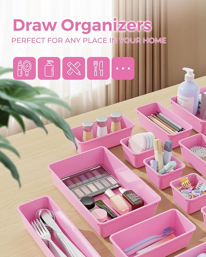 25 PCS Plastic Drawer Organizers Set, 4-Sizes Vanity and Makeup Organizer, Desk and bathroom Drawer Organizer Trays, Organizers and Storage for Makeup, Jewelry, Gadgets, Utensils(Light Purple)-NeatNest