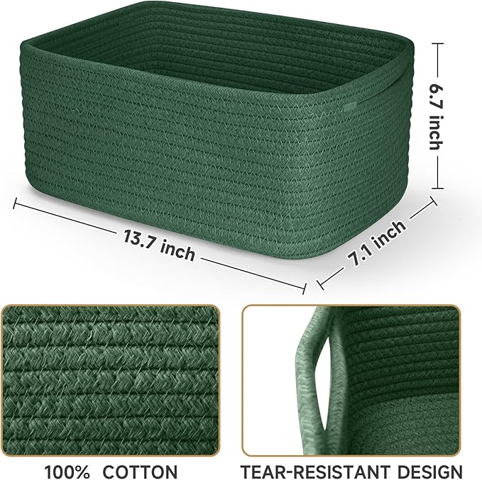 3-Pack Storage Baskets for Organizing | Woven Shelf Toy Basket | Rope Baskets for Gifts Empty | Closet Organizer Bins with Handles | Cube Decorative Box | 13.7×7.1×6.7” | Dark Green-NeatNest