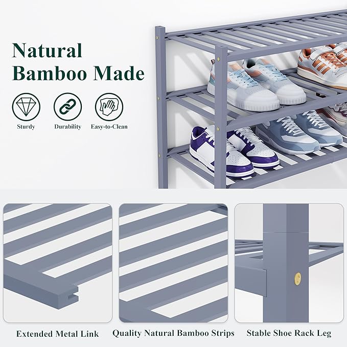 Smiry Shoe Rack, 2 Tier Thick Bamboo Shoe Organizer, Stackable Free Standing Wooden Shoe Storage Shelf for Closet, Entryway, Front Door Entrance, Grey-NeatNest