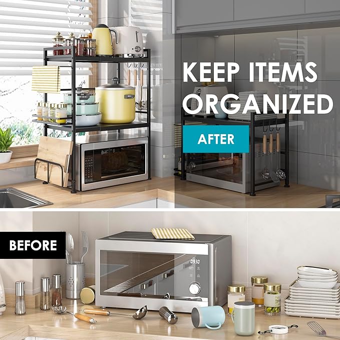 DOLALIKE Microwave Oven Rack, Expandable Microwave Stand Countertop Kitchen Utensils Tableware Storage, Carbon Steel Over Microwave Shelf Countertop with 6 Hooks-NeatNest
