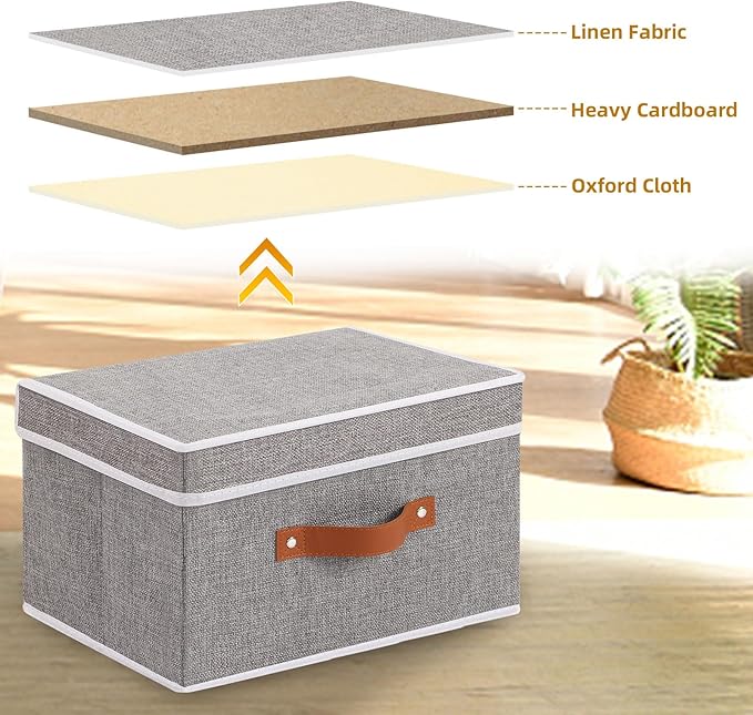 Fabric Storage Bins with Lids, Linen Foldable Clothes Boxes, Closet Organizer Containers with Double Handles, Baskets for Bedroom, Grey, 3 Pack, 13 x 9.1 x 7.9 Inch-NeatNest