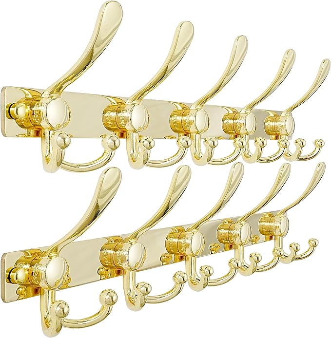 Dseap Coat Rack Wall Mount 2.0 Pro: Heavy Duty 300% Thicker, 16" Stud Mount, Stainless Steel Wall Coat Hooks Hanger for Clothes Jackets Hats Entryway Closet, MaxStrong Series, Gold, Pack of 2