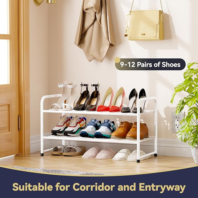 2-Tier 27” Wide Shoe Rack for Closet, Metal Stackable Shoe Shelf Organizer, White-NeatNest