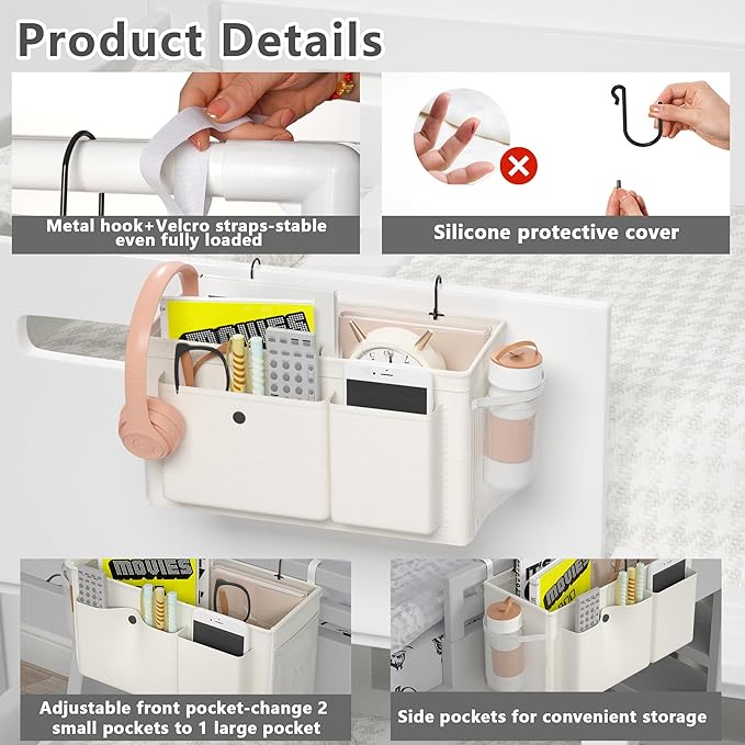 Bedside Caddy Bedside Organizer with Fixed Straps & Water Bottle Holder, Bunk Bed Caddy ideal for Home, Dorm, Hospital, Crib, Versatile Bedside Storage Solution (White 2pcs)-NeatNest
