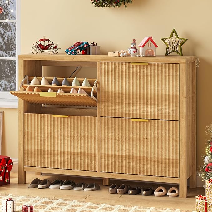Shoe Cabinet Storage for Entryway, Fluted Shoe Cabinet with 4 Flip Drawers, Hidden Shoe Rack Freestanding Wooden Shoe Organizer with Legs for Hallway, Oak-NeatNest