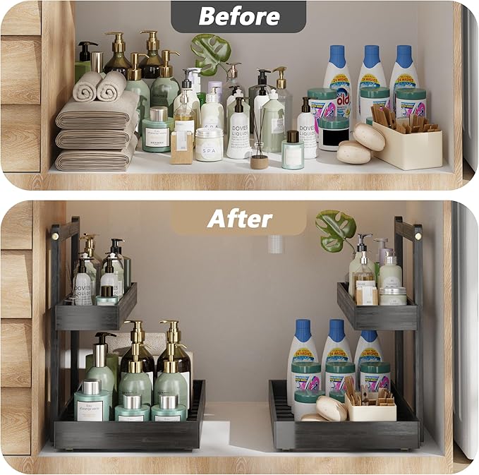Bamboo 2 Packs Under Sink Organizer Wooden 2 Tier Pull Out Cabinet Organizer, Heave Duty Wood Slide Out Storage Shelf, Undersink Organizers Shelves for Kitchen Bathroom-NeatNest