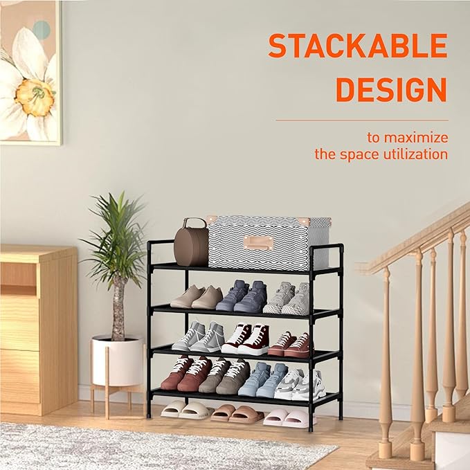 Shoe Rack 4 Tier Shoe Organizer Shoe Storage Shoe Rack for Narrow Hallway Entryway Bedroom Easy Assembly (Black)-NeatNest
