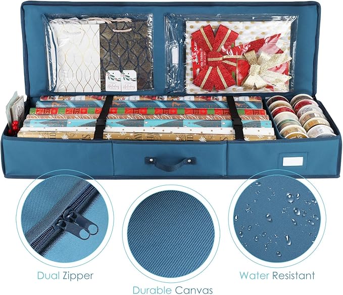 Hearth & Harbor Wrapping Paper Storage Container - Christmas Storage Bag with Interior Pockets - Gift Wrap Organizer Fits Up to 22 Rolls of 40" - Tear Proof, Blue-NeatNest