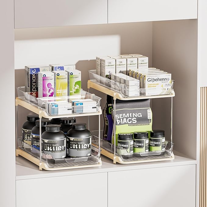 Delamu 4 Sets of 2-Tier Multi-Purpose Bathroom Cabinet Under Sink Organizers and Storage, Stackable Kitchen Pantry Organization and Storage, Beige-NeatNest