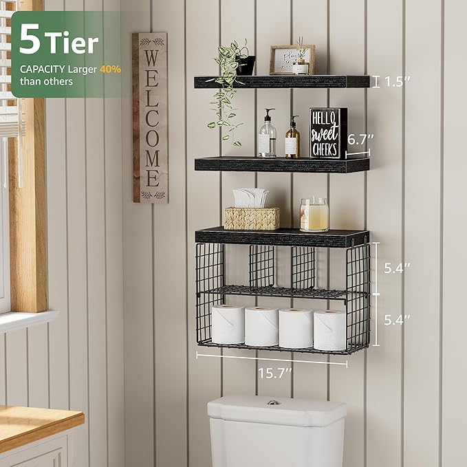 Bathroom Floating Shelves for Wall - Shelf Over Toilet Storage Small Farmhouse Decor Shelves (15.7 inch, Set of 3, Black)-NeatNest