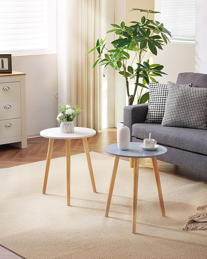 Apicizon Round Side Table, White Bedside Table Coffee End Table for Bedroom, Living Room, Small Spaces, Easy Assembly Nightstands with Natural Wood Legs, 16.5 x 20.5 Inches-NeatNest