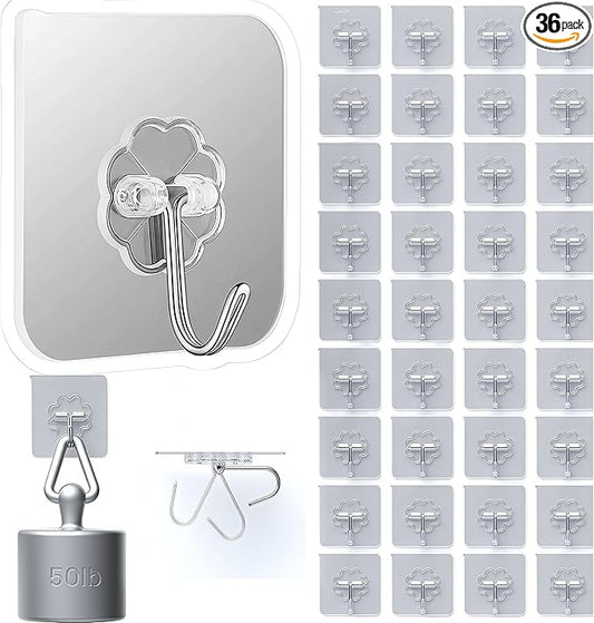 DDMY 36 Pack Heavy Duty Hooks 50lb(Max) Self Adhesive Large Hooks for Hanging,Wall Transparent Reusable Waterproof Hook for Kitchen Curtain Towel Hook for Bathrooms Coat Hook for Walls No Damage-NeatNest