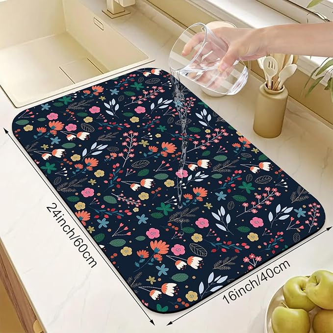 Cute Flower Dish Drying Mats Super Absorbent Dish Drainer Rack Pad Non-Slip Drying Mat for Kitchen Counter, 24"x16"-NeatNest