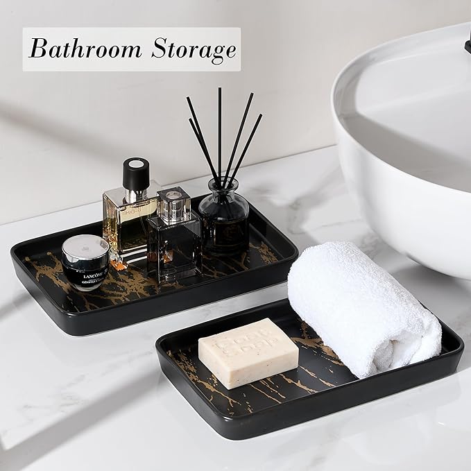 Bathroom Vanity Tray for Countertop,2PC Rectangle Marble Tray Set,Decorative Bathroom Organizer for Scrubber, Lotion Bottles, Perfume, Jewelry, Candle, Key Trinket Ring(Large,Black)-NeatNest