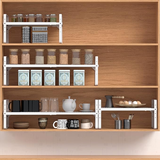 Expandable Cabinet Shelf Organizer Adjustable Metal Spice Rack Stackable Freestanding Counter Storage Shelves for Kitchen Cabinet Under Sink Office Desk (White - 2Pack - L16.5-27'' * W10.2'' * H9.6'')-NeatNest