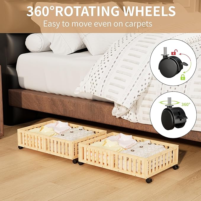 Bamboo Under Bed Storage with Wheels (2-Pack) – Rolling Underbed Shoe Organizer Box for Shoes, Blankets, Toys, Clothes Container Space-Saving Organizer Bins for Bedroom, Closet, Dorm, Nursery-NeatNest