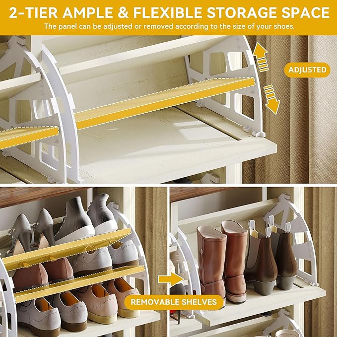 DWVO Shoe Cabinet with 4 Flip Drawers, Farmhouse Shoe Rack with Shutter-Doors, Wooden Entryway Shoe Storage Organizer, Rustic Hidden Shoe Cabinet for Foyer, Hallway, Living Room, White-NeatNest