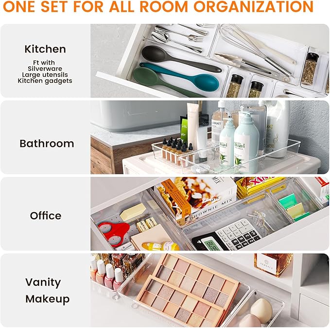 Criusia 36 Pack Large Clear Plastic Drawer Organizer Bins - 6 Size Acrylic Kitchen Drawer Organization and Storage for Utensils Gadgets, Office Bathroom and Vanity Organizer for Makeup Accessoires-NeatNest