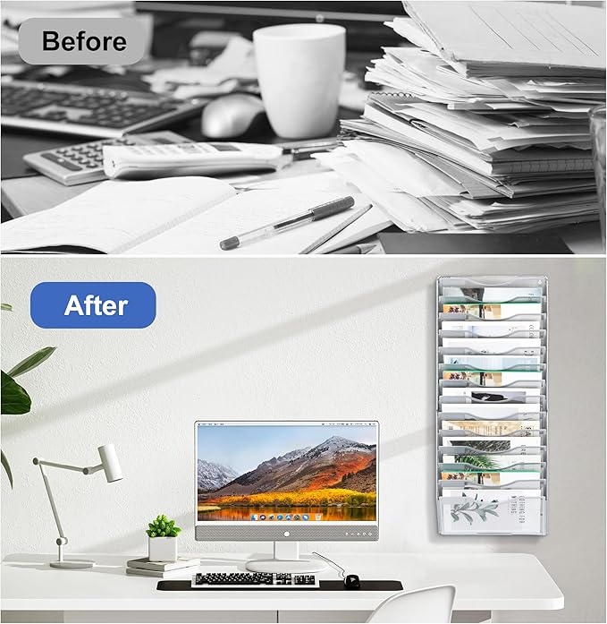 EasyPAG 14 Pocket Wall File Organizer, Silver | Metal Mesh Wall Mounted File Holder | Assembly Hanging Mail Organizer | Replaceable Classify Labels | Office Home Letter Size Paper Storage