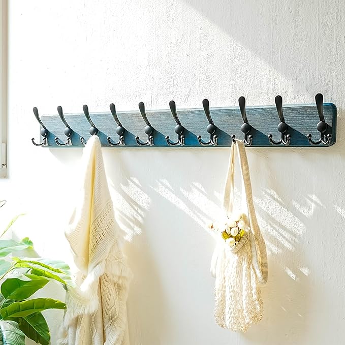 Dseap Coat Rack Wall Mount - 38-1/4" Long, Heavy-Duty, 10-tri-Hooks, Barnwood-Style Wooden Wall Coat Hanger Hook Rail for Winter Coats Hat Jacket Clothing, Weathered Blue & Black, Pack of 2
