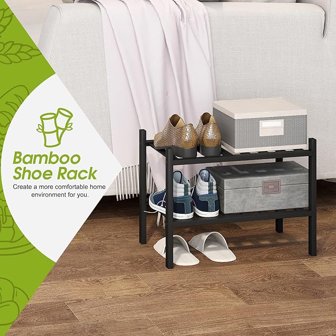 BMOSU 2-Tier Bamboo Small Shoe Rack Premium Stackable Shoe Shelf Storage Organizer for Hallway Closet Living Room Entryway Organizer (Black Bamboo)-NeatNest