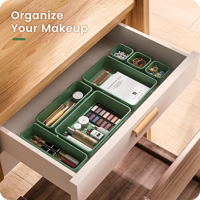 A-LuGei 22Pcs Army Green Minimalist Plastic Drawer Organizer, Storage Bins for Vanity, Bathroom, Kitchen, Office, Craft Room-NeatNest