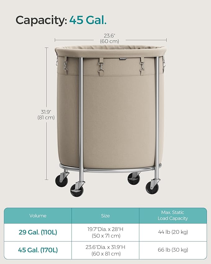 SONGMICS Laundry Basket with Wheels, Rolling Laundry Hamper, 45 Gal., Round Laundry Cart with Steel Frame and Removable Bag, 4 Casters and 2 Brakes, Camel Brown and Metallic Silver URLS001N01