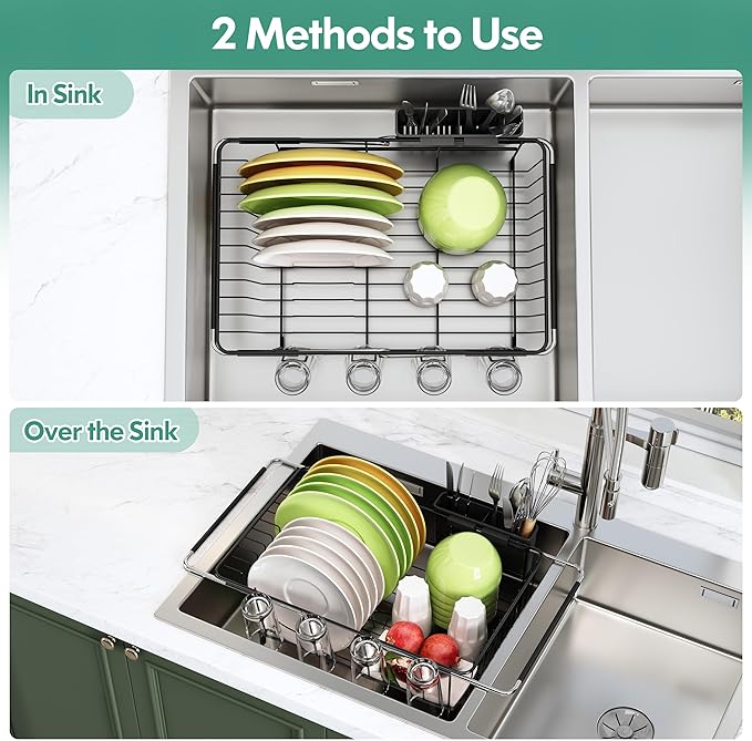 romision Dish Drying Rack in Sink, Black Dish Drying Rack Over Sink, Stainless Steel Black Dish Strainers for Kitchen Sink with Utensil & Cup Holder